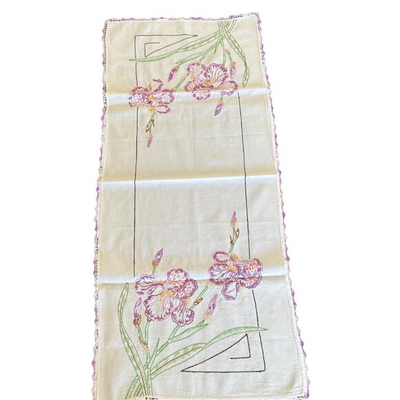 Embroidered Vintage Iris Floral Table Runner With Crocheted Edges - Picture 1 of 4